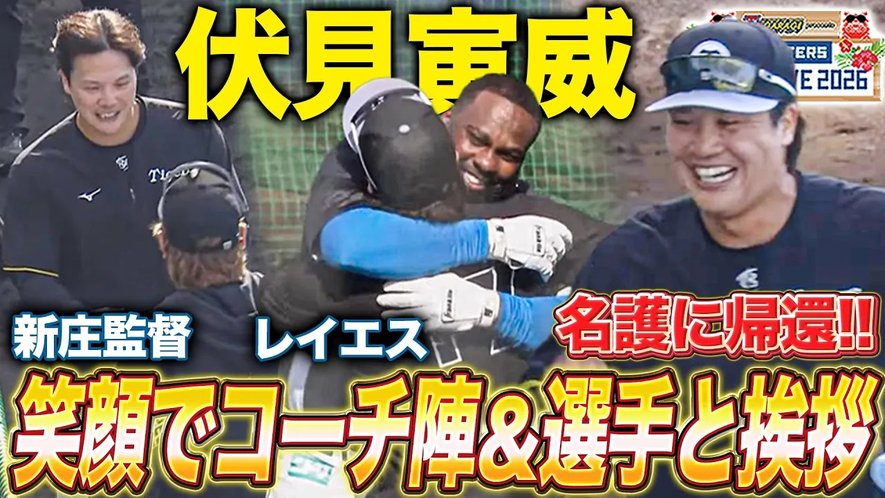 【トレード阪神入り】伏見寅威が名護に帰還‼️レイエスと熱いハグ＆新庄監督にも挨拶